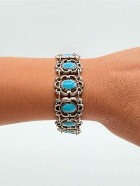 Vintage Silver Tone Blue Enamel Link Bracelet Boho Statement